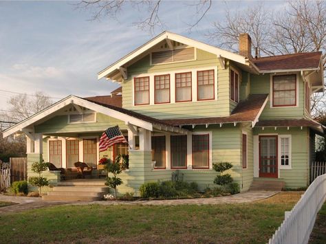 Arts and crafts homes became popular in the US in the early 1900s, and they typically have numerous windows and a low-pitched roof as is the case with this lovely light green home. Craftsman Home Exterior, Small Craftsman, Porch Paint, Craftsman Bungalow, Craftsman Exterior, Plans Architecture, House Small, Beige Wall, Craftsman Style House