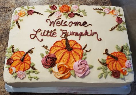 Fall Birthday Sheet Cake Ideas, Thanksgiving Cakes Decorating, Fall Theme Cakes, Fall Baby Shower Cake, Fall Birthday Cakes, Baby Shower Sheet Cakes, November Baby Shower, Fall 1st Birthdays, Fall Baby Shower Themes