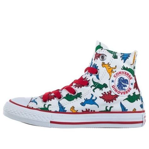 Converse Chuck Taylor All Star High PS 'Dinoverse Print' White/Enamel Red/Totally Blue 663636C Red Converse Shoes, Converse Gold, Shark Shoes, Toddler Converse, Red Converse, Leopard Shoes, Youth Shoes, Kids Converse, Star Sneakers