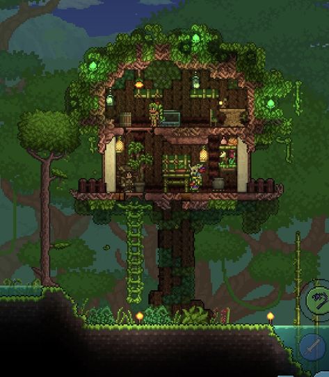 Terraria Living Tree House, Jungle Houses Terraria, Terraria Cute Build, Jungle Pylon Terraria, Terraria Jungle Build, Forest Pylon Terraria, Treehouse Terraria, Easy Terraria Builds, Terraria Plant Farm