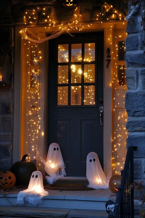 Halloween Lights Aesthetic, Pumpkin Door Decor, Non Scary Halloween Decor, Porch Halloween Decorating Ideas, Outdoor Halloween Lights, Diy Halloween Door Decorations, Porche Halloween, Halloween Centerpieces, Halloween Diy Door