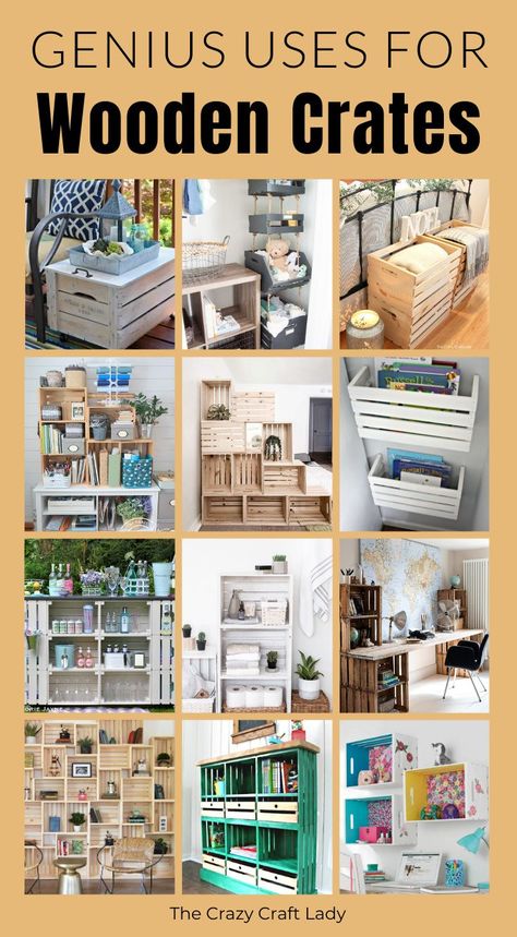 Diy Crates Ideas Furniture, Easy Crate Diy, Pallet Crate Shelves, Pallet Crate Ideas, Wood Crate Uses, Shelving With Crates, Wooden Crate Diy Ideas, Diy Wooden Crate Bookshelf, Crate Bookcase Diy