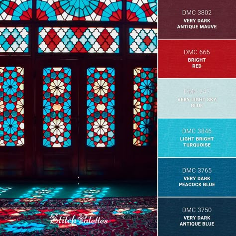 Stained Glass In Shiraz - Embroidery Color Palette (With Thread Codes) Stained Glass Colors Palette, Mosaic Color Palette, Stained Glass Color Palette, Glass Color Palette, Embroidery Color Palette, Arabic Colors, True Vine, Persian Rug Designs, Jewelry Store Design