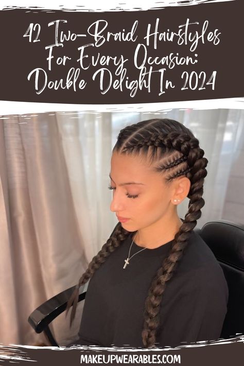 Stylish Two-Braids Hairstyles for a Simple Yet Trendy Look Cornrows Two Braids, Black Women 2 Braid Hairstyles, 2 Braided Cornrow Hairstyles, Two Braids Black Hair, 2 Braid Hairstyles For Black Women, Dutch Braids Black Women, Long Dutch Braids, Two Braids With Weave In The Back, 2 Feed In Braids With Weave