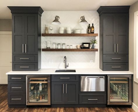 Liberty Lake Basement Wet Bar - Transitional - Basement - Seattle - by Kimberlee Kristine | Houzz Beverage Center Basement, Basement Kitchen Ideas With Bar, Basement With Wet Bar Ideas, Accessible Beige Vs Worldly Gray, Basement Back Bar, Small Wet Bar Basement Floating Shelves, Black Basement Kitchenette, Family Room Bar Ideas Built Ins, Basement Bar With Floating Shelves