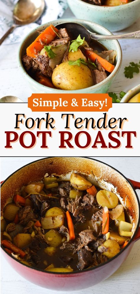 a bowl of pot roast with carrots and potatoes Quick Pot Roast Recipes, Pot Roast Dutch Oven Recipes Easy, Oven Pot Roast Recipes Easy, Beef Pot Roast Dutch Oven, Pot Roast In Electric Skillet, Pot Roast In Oven Recipes, Pot Roast In Dutch Oven Recipes, Pot Roast Recipes Stove Top, Tender Pot Roast In The Oven