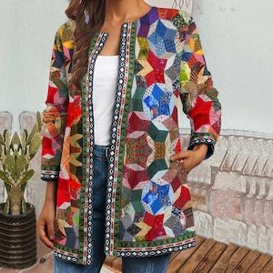 Patchwork Jackets For Women, Quilted Coat Pattern, Quilted Jacket Pattern, Plaid Jacket Women, Quilted Clothing, Plus Size Jacket, Patchwork Clothes, Patchwork Coat, Silk Chiffon Fabric