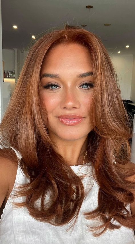 Copper Brown Medium Hair, Cowgirl Copper On Brown Hair, Blond Cowboy Copper, Red Hair With Layers Medium Length, Copper Hair For Fair Cool Skin, Hair For Fair Skin Hazel Eyes, Natural Red Hair With Shadow Root, Best Dresses For Large Stomach, Sandy Copper Hair