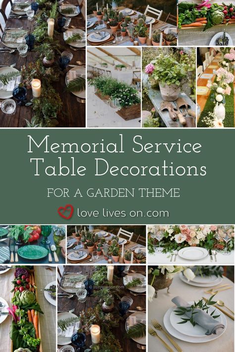 Memorial Service Ideas | Memorial Service Table Decorations. A collection of garden inspired memorial service decorations to decorate the dinner table. Click to learn how to replicate theses table decorations for your garden themed memorial service. Memorial Service Ideas | Memorial Service Table Decorations | Memorial Service Decorations | Garden Themed Memorial Service. #MemorialServiceTableDecorations #TableDecorationIdeas #AFittingFarewell Decorations For Memorial Service, How To Decorate A Memorial Table, Memorial Service Centerpiece Ideas, Centerpieces For Memorial Service Table Decorations, Celebration Of Life Tables, Centerpiece For Memorial Service, Memorial Table Decorations, Celebration Of Life Display Table, Memorial Luncheon Centerpieces