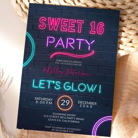 $1.9 | Neon sign glow in the dark pink bricks Sweet 16 - sweet 16 birthday party, neon sign, glow in the dark, typography, retro 80's, sweet sixteen, 16th birthday, neon pink, purple, brick wall 90s Themed Sweet 16 Party, Sweet 16 Party Ideas Glow In The Dark, Sweet 16 Glow In The Dark Party Ideas, Pink Glow Party, Neon Birthday Party Ideas, Purple Brick Wall, Dark Typography, Neon Sweet 16, Birthday Party Neon