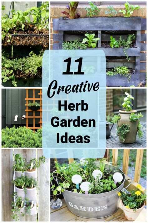 Collage of DIY herb gardens for small spaces. Landscape Planters, Raised Herb Garden, Herb Garden Ideas, Herb Garden Pots, Container Herb Garden, Small Herb Gardens, Outdoor Herb Garden, Hanging Herb Garden, Spice Garden