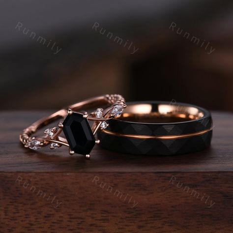 Vintage Black Onyx Couples Ring Rose Gold Matching Ring Set His and Hers Wedding Band Promise Ring for Men for Women Natural Black Gemstone - Etsy Black And Rose Gold Wedding Rings, Bohemian Style Engagement Ring, Viking Wedding Ring Sets, Black Wedding Rings Sets Couple, Engagement Couple Rings, Promise Ring Sets, Black Wedding Ring Sets, Promise Ring For Men, Engagement Rings Black