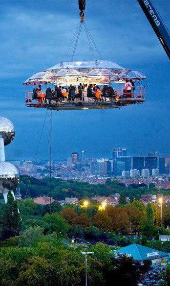 Hanging Restaurant, Belgium 50 meters above ground dining event arranged by a professional event arranger of Benji Fun company. It provides seating for 22 complete with Chef, server, musician and you can select your own location without limitation. Guaranteed safety with the hoisting crane which can accommodate a whole band of musicians Hanging Restaurant, Dinner In The Sky, Kamakura, Greenwich Village, I Want To Travel, Sapporo, Alam Semula Jadi, Nagoya, Fukuoka