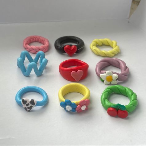 Clay rings cute clay rings y2k aesthetic y2k jewellery fimo rings cheap clay rings Clay Jewelry Rings, Fimo Jewelry Ring, How To Make Clay Rings, Clay Ring Ideas, Fimo Rings, Y2k Jewellery, Rings Y2k, Fimo Ring, Clay Rings Aesthetic