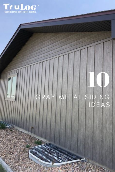 Metal House Siding Ideas Exterior, Metal Siding That Looks Like Wood, Barndo Colors, Trulog Siding, Dark Gray Exterior House Colors, Dark Grey Siding, Metal Siding House, Metal Siding Colors, Stained Wood Beams