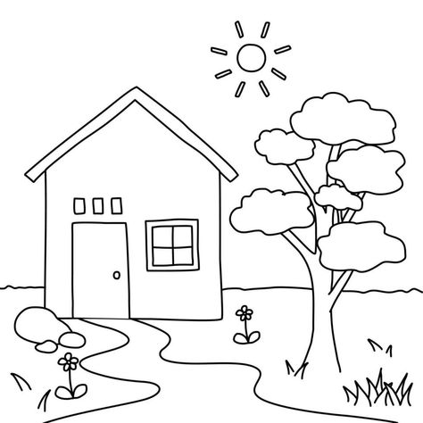 House Drawing with Village Environment for Coloring Children Book Isolated on White Background My Village Drawing, House Pictures Drawing, Village House Drawing, Village Environment, Envelope Origami, Simple House Drawing, Drawing Worksheet, House Drawing For Kids, Village Drawing