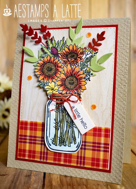 AESTAMPS A LATTE: Jar of Flowers Jar Of Flowers Stampin Up Cards, Black Flowers Bouquet, Sunflower Stamp, Jar Of Flowers, Cat Projects, Jar Flowers, Sunflower Petals, My Sunflower, Mason Jar Cards