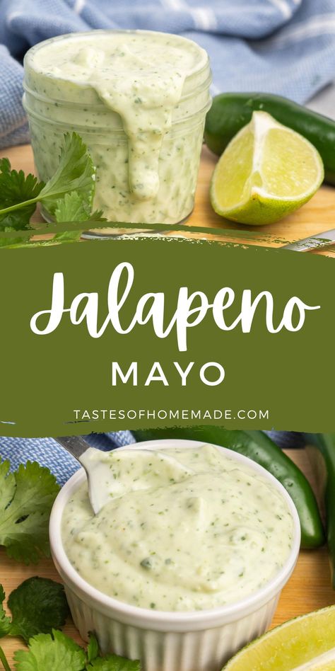 Jalapeno mayo is a delicious condiment with the fresh flavour of jalapeno, cilantro and lime. This spicy mayonnaise works great as a dip, sauce or spread. It can be used to flavour sandwiches or burgers, as a dip for your favourite appetizers, or as a sauce for grilled chicken. The fresh jalapenos add spice balanced by the fresh herbs and lime. Mason Jar Sauces, Cilantro Mayonnaise Recipe, Cilantro Mayo Sauce, Jalapeno Lime Aioli, Jalapeño Lime Ranch, Jalapeño Mayo Sauce, Jalapeno Aioli Recipes, Jalapeno Burger Sauce, Jalapeno Mayonnaise Recipe