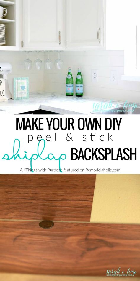 This DIY peel and stick shiplap backsplash tutorial is an easy and inexpensive way to give your kitchen some farmhouse style while sticking to your budget. Details from All Things with Purpose on Remodelaholic.com Inexpensive Backsplash Ideas, Cheap Shiplap, Peel And Stick Shiplap, Kitchen Renovation Diy Ideas, White Kitchen Renovation, Shiplap Kitchen, Shiplap Backsplash, Diy Kitchen Backsplash, Ship Lap