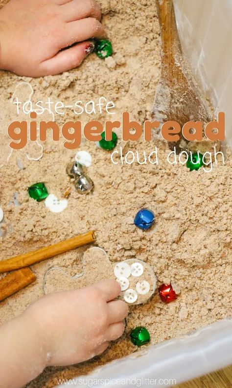 Gingerbread Cloud Dough, a fun taste-safe winter sensory play activity for kids Gingerbread Activities For Babies, Edible Snow Sensory Play, Easy Diy Family Christmas Pictures, Aba Christmas Activities, Christmas Childcare Activities, Preschooler Christmas Activities, Gingerbread Infant Activities, Preschool Winter Party Games, Christmas Sensory Play Preschool