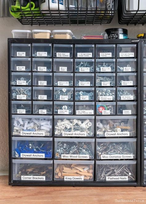 Hardware Garage Organization, Organizing Garage Shelves, Garage Man Cave Ideas Workshop, Gladiator Garage Organization Ideas, Garage Paint Storage Ideas, Garage Organization Bins, Mechanic Tool Organization Ideas, Garage Cabinet Organization, 2 Car Garage Organization