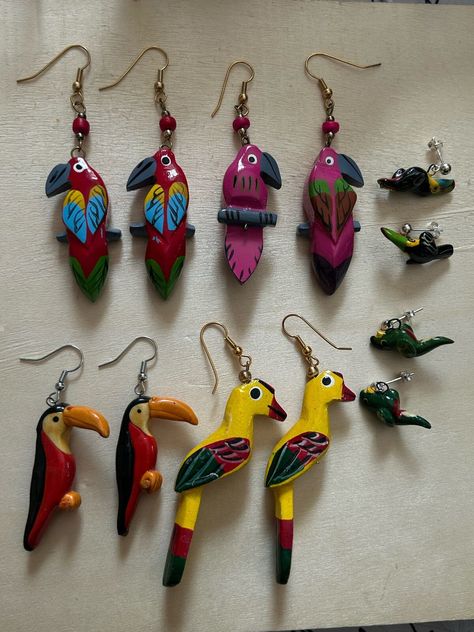 This is 6 Pairs of Parrot/Bird Statement Handmade Earrings, 2 Small and 4 Larger Pieces! They were handmade with painted wooden beads, so they are very lightweight! Parrot Earrings, Parrot Bird, Jewellery Ideas, Wooden Beads, Handmade Earrings, Wedding Shop, Parrot, Halloween Shopping, Jewelry Earrings Dangle