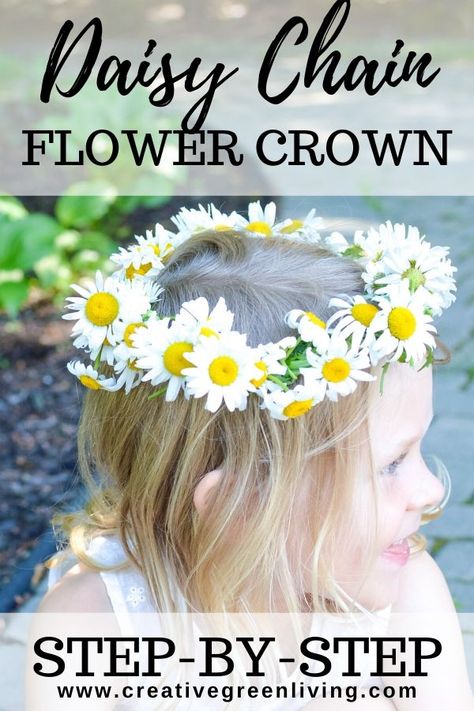 How to make a daisy chain flower crown or bracelet with real flowers. This easy DIY tutorial shows you how to make a floral headband or crown from daisies, dandelions or other wildflowers. #creativegreenliving #daisychain #flowercrown #kidscrafts Crown Headbands, Flower Crown Tutorial, Wildflower Crown, Daisy Flower Crown, Daisy Crown, Make A Crown, Fairy Ideas, Daisy Headband, Chain Headband