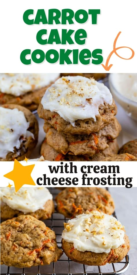 These Carrot Cake Cookies are soft, tender, loaded with shredded carrots, and topped with a fantastic cream cheese frosting. They taste just like carrot cake! Cookies With Cream Cheese Frosting, Cookies With Cream Cheese, Carrot Cake Cookies, Cream Cheese Cookies, Spring Cookies, Delicious Cookie Recipes, Carrot Recipes, C Is For Cookie, With Cream Cheese Frosting