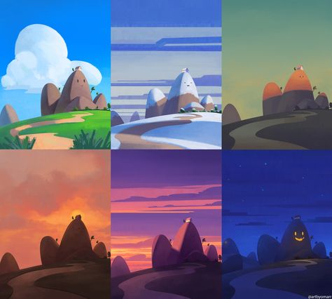 Lighting In Digital Art, Color Theory Landscape, Environment Lighting Reference, Night Color Palette Illustration, Color Cube Palette, Color Palette Art, Landscape Digital Art, Color Theory Art, Coloring Process