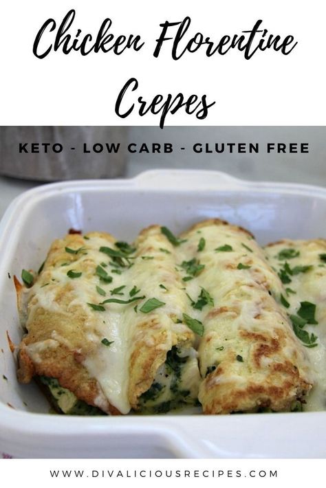 Chicken Florentine Crepes Recipe, Keto Crepe, Chicken Florentine Crepes, Gf Crepes, English Pancakes, Dinner Crepes, Crepe Recipe Savory, Chicken Crepes, Easy Crepe Recipe