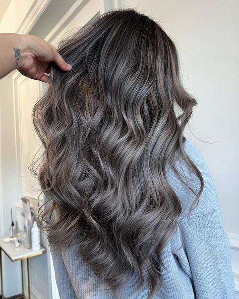 Natural Dark Hair with Gray Highlights Metallic Gray Hair Color, Dark Hair With Gray Highlights, Hair With Gray Highlights, Dark Hair With Gray, Brown With Grey Highlights, Highlights For Gray Hair, Gray Highlights Brown Hair, Silver Grey Hair Dye, October Hair