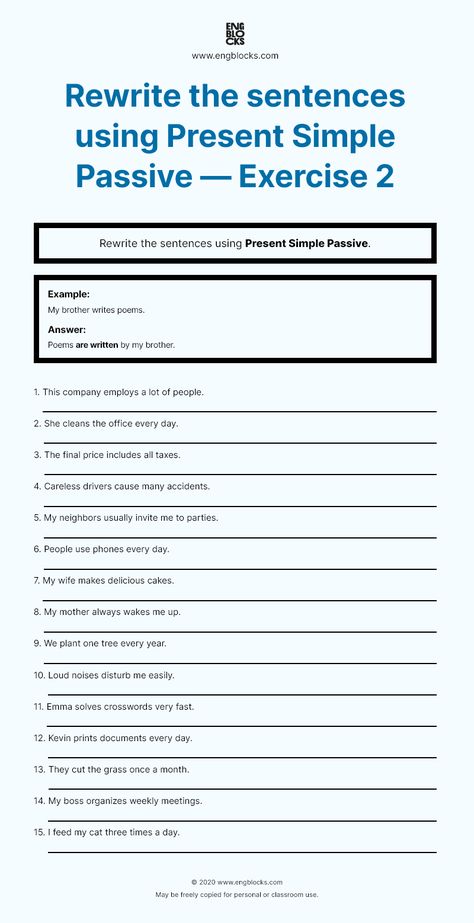 Passive Worksheet, Active And Passive Voice, English Grammar Exercises, Passive Voice, Adjective Worksheet, Simple Present Tense, Simple Present, English Teaching Materials, Grammar Exercises