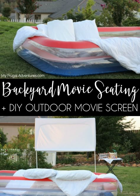 Simple DIY outdoor movie screen and backyard movie seating idea.  Perfect for summer entertaining or summer bucket lists. Movie Night Seating, Outdoor Movie Night Party, Diy Backyard Movie, Backyard Movie Night Party, Movie Seats, Diy Outdoor Movie Screen, Outdoor Movie Party, Backyard Movie Theaters, Outside Movie