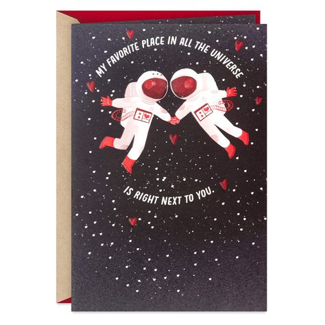 PRICES MAY VARY. Send love to your husband, wife, girlfriend, boyfriend, or romantic partner with a lovely Valentine's Day card they're sure to appreciate. Cover features two astronauts holding hands with the message: "My favorite place in all the universe is right next to you." Inside reads: "On Valentine's Day and every day . . . I love you to the moon and back." With a heartwarming design and loving message inside, this card is the perfect accompaniment to any great Valentine's Day gift and a Space Themed Valentines, Two Astronauts, Punny Cards, Hallmark Greeting Cards, Happy Hearts Day, Valentines Day Greetings, Valentine's Day Greeting Cards, Dog Valentines, Valentines Day Card