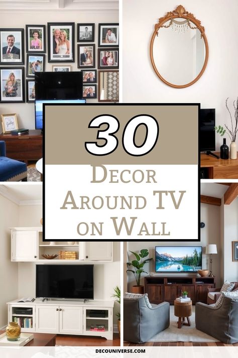 Transform your living space with these 30 stylish decor ideas for your wall-mounted TV. From floating shelves and gallery walls to cozy blankets and accent lighting, create a stunning focal point that blends design and functionality. Discover tips to enhance your TV area, maintain an organized look, and express your personal style effortlessly! Decorating Above Entertainment Center, Decorate Entertainment Center Shelves, What To Put Below A Mounted Tv, Living Room Wall Mounted Tv Ideas, Framed Tv Accent Wall, Tv Stand Organization Ideas, Credenza Under Wall Mounted Tv, Floating Shelf Above Tv Living Room, Wall Decor Tv Room