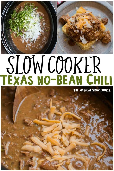 Slow Cooker Texas No Bean Chili is hearty even without the beans! This chili also doesn't have tomatoes, just great spice and beef flavor in this meal. - The Magical Slow Cooker Texas No Bean Chili, Chili Beans Crockpot, Deer Chili Recipe, Texas Chili Recipe, Chili Without Beans, Magical Slow Cooker, Recipe Crockpot, Crockpot Recipes Beef Stew, Texas Chili