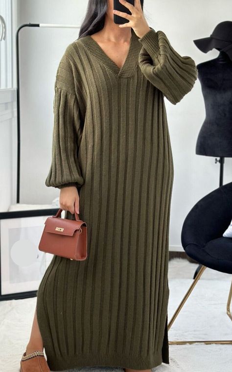 Stunning maxi length jumper dress with ribbed detailing in khaki green  available in a few different colours    oversized fit,  great for layering up in the cold and keeping cosy and warm. Please note model is petite height so it'll most likely be midaxi length on average height. Work from home, Winter, Staycation, Khaki, knitted/wool, ribbed, bloat-friendly, Airport Outfits, Brunch, Going Out, Striped, Basic, Oversized, Long Sleeve, V-Neck, Jumper, Maxi, Split Leg Long Wool Dress Outfit, Winter Maxi Dress Outfit, Printed Tshirt Outfit, Long Winter Dresses, Oversized Jumper Dress, Convertible Clothing, Petite Height, Airport Outfits, Average Height