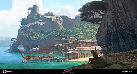 ArtStation - Pirate bay, Hugo Puzzuoli Ac Odyssey, Background Inspiration, Assassin's Creed Odyssey, Concept Art Gallery, Pirate Bay, Island Town, Assassins Creed Odyssey, Roman City, Grece Antique