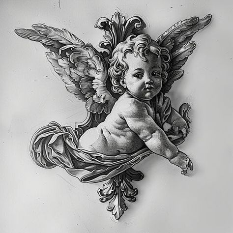 Cherub Tattoo Art Kit Sun Tattoo Men, Cherub Tattoos, Statue Tattoo Design, Black Cherub, Cherub Tattoo Designs, Tattoo Sizes, Cherub Art, Jesus Art Drawing, Filler Tattoo