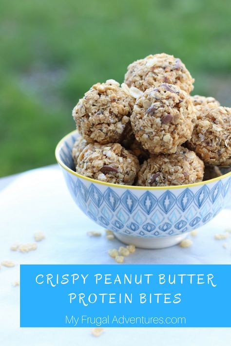 Crispy Peanut Butter Protein Balls - My Frugal Adventures Peanut Butter Protein Balls, Protein Balls Recipes, Banana Drinks, Healthy Protein Snacks, Protein Bites, Protein Balls, Peanut Butter Protein, Peanut Butter Balls, Honey Oatmeal