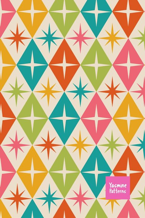 Mid Century Atomic Starbursts on retro diamonds in green, teal, pink and orange Mid Century Wallpaper Iphone, Mid Century Patterns Wallpapers, Green And Purple Pattern, Retro Quilt Mid Century, Midcentury Modern Restaurant Design, Mid Century Background, Retro Color Aesthetic, Mid Century Modern Background, Retro Designs Pattern