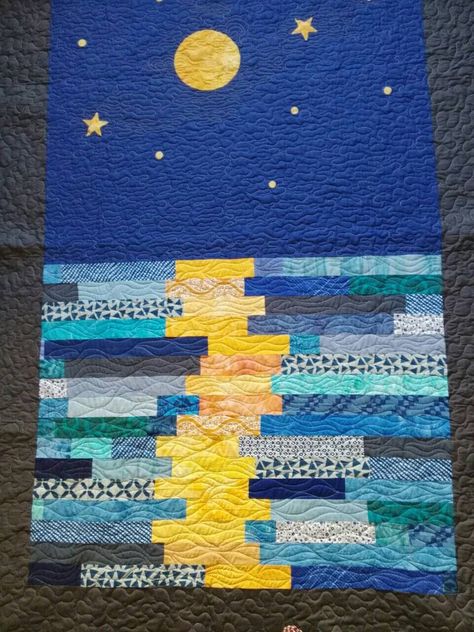 Moon reflection quilt stary night quilt Blue ocean quilt | Etsy Moon Reflection, Awesome Backgrounds, Ocean Quilt, Sky Quilt, Moon Quilt, Landscape Art Quilts, Nancy Zieman, Quilted Throw, Homemade Quilts