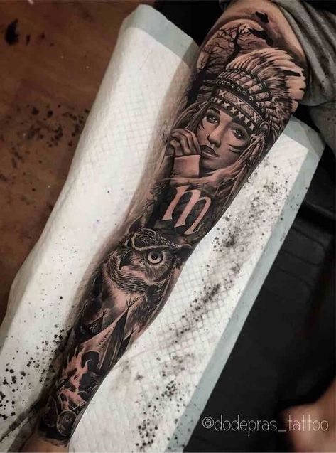 Tattoo Calf, Owl Tattoo Sleeve, Mangas Tattoo, Native American Tattoo, Full Leg Tattoos, Native American Tattoos, Native Tattoos, Geniale Tattoos, Sleeve Ideas