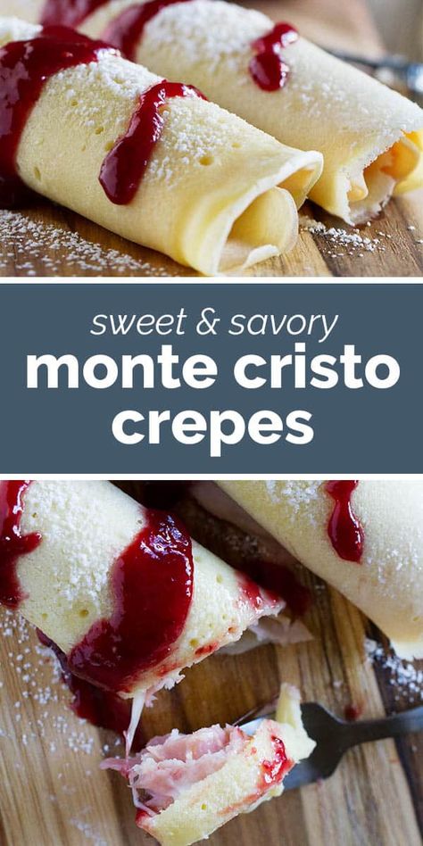 These Monte Cristo Crepes are sweet and savory and perfect for breakfast, brunch or dinner! Tender crepes are filled with cheese, ham and turkey and topped with raspberry jam and powdered sugar. Ham Cheese Crepes, Crepe Ideas Savory, Restaurant Brunch Ideas, Monte Cristo Crepes, Savory Crepe Fillings, Crepes Filling Ideas, Crepe Recipe For Two, Crepe Bar Ideas, Crepe Brunch