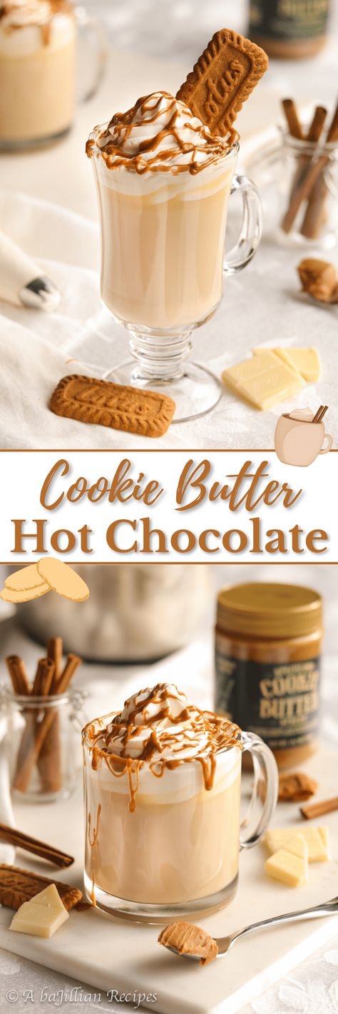 Cookie Butter Hot Chocolate - A baJillian Recipes Cookie Butter Hot Chocolate, Butterscotch Hot Chocolate, Dessert Cafe, Chocolate Ideas, Chocolate Recipes Homemade, Peanut Butter Jar, Hot Cocoa Recipe, Hot Chocolate Cookies, Tasty Drinks