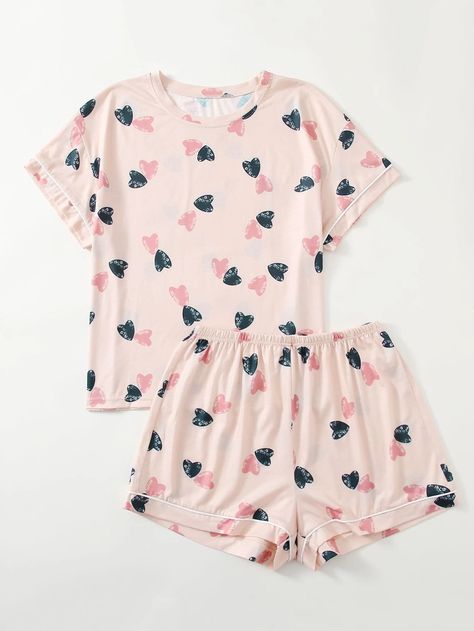 Plus Heart Print Tee & Shorts Pajama Set | SHEIN USA Baby Doll Pajamas, Doll Pajamas, Shorts Pajama Set, Tee Shorts, Plus Size Pajamas, Valentine Hearts, Short Waist, Sleep Set, Print Tee