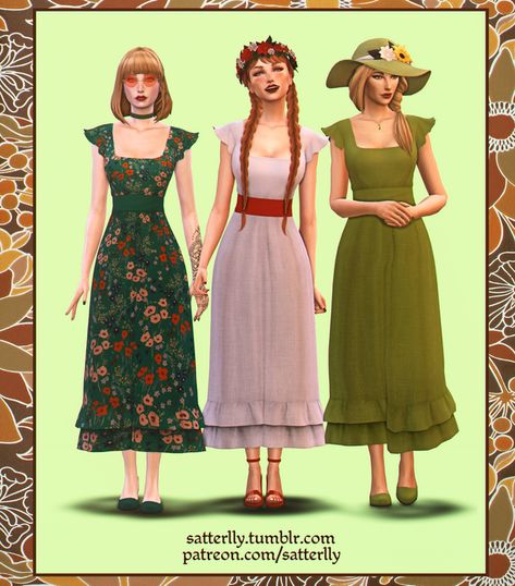 Dress - Lola | satterlly on Patreon Sims 4 Cc Elder Clothes Male, Cottage Dress, Cc Sims4, Cottagecore Clothes, Pelo Sims, Sims 4 Mm Cc, Sims 4 Cc Folder, Sims 4 Dresses, Sims 4 Characters