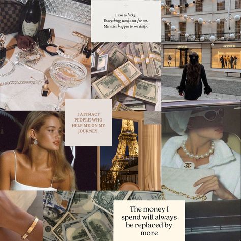 Collage with sayings about manifesting money, pictures of cash, designer products, Paris Money Flows To Me Easily, Money Flows To Me, I Deserve Better, Wealth Manifestation, Manifestation Board, Vision Boards, I Deserve, 2024 Vision, Life Goals