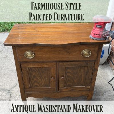 Farmhouse Style Painted Furniture: Antique Washstand Makeover Antique Washstand Makeover, Antique Wash Stand Makeover, Painted Washstand, Washstand Makeover, Antique Washstand, Antique Wash Stand, Animal Furniture, Furniture Transfers, Electric Sander