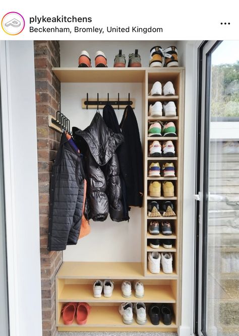 Entrance Hall Shoes, Shoe Shelves Hallway, Shoe Storage Wall Ideas, Shoe Storage In Porch, Plywood Shoe Storage, Utility Room Coat Storage, Utility Shoe Storage, Shoe Storage Porch Ideas, Shoes Hallway Storage